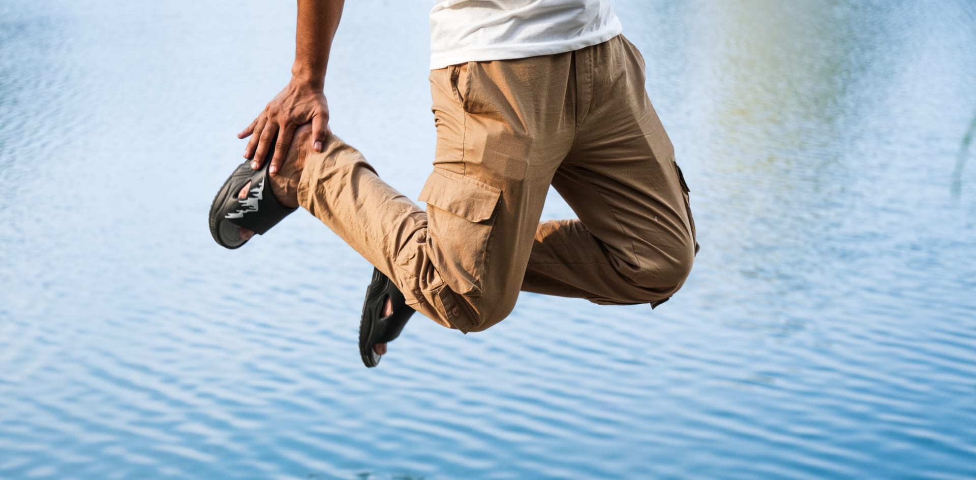 Magic sandals worn mid-stride over water